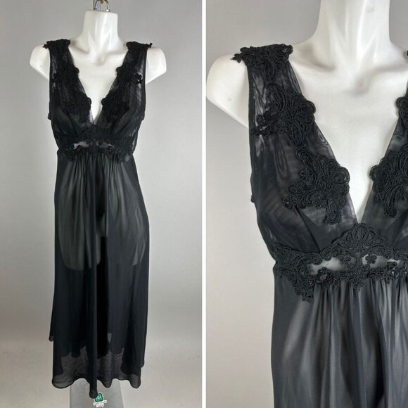 Vtg 90s Y2k Flora Nikrooz Black Semi Sheer Lace Ties Nylon Nightgown Size Large - Picture 1 of 6